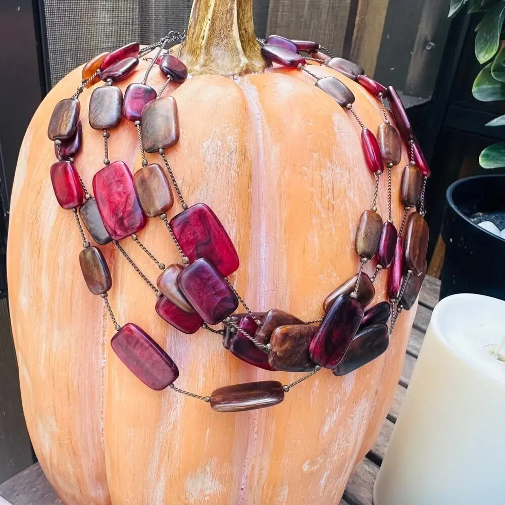 Chico's Multi Stand Statement Necklace-Pink & Brown Resin Lucite Beads